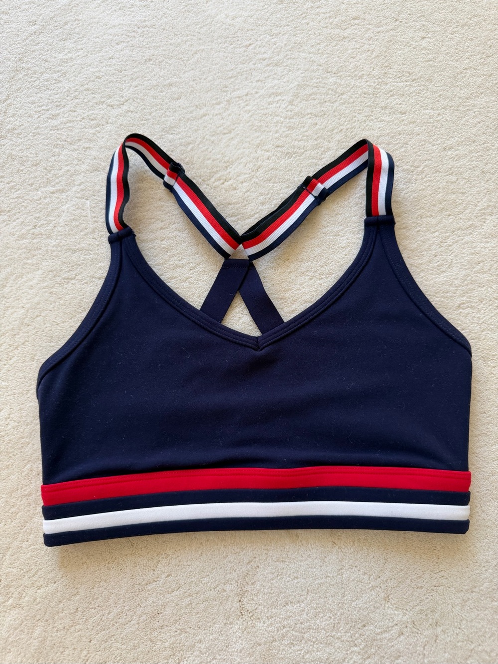 Lorna Jane Navy Sports Bralette with Red and White Striped Band